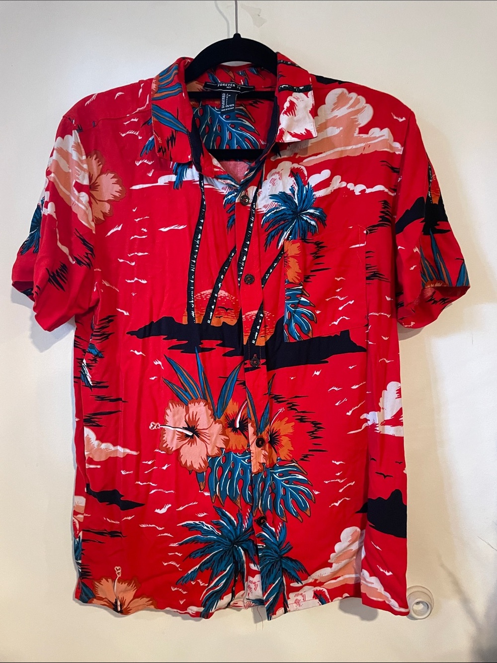 Forever 21 Red Tropical Floral Short-Sleeve Button-Down Shirt Sz L BB1